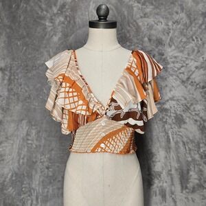 Missing Polynesia‎ Womens Geometric Print Smocked Crop Top Tie Back Size 1XL/2XL